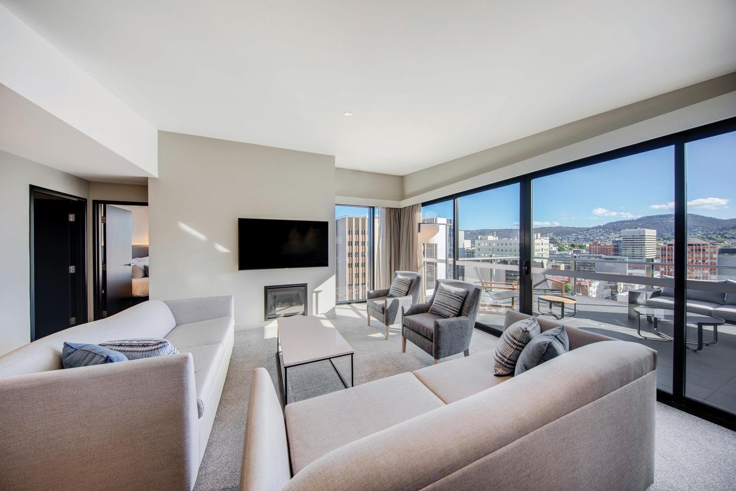 vibe hotel hobart 2 bedroom premier apartment harbour view lounge 04 2020
